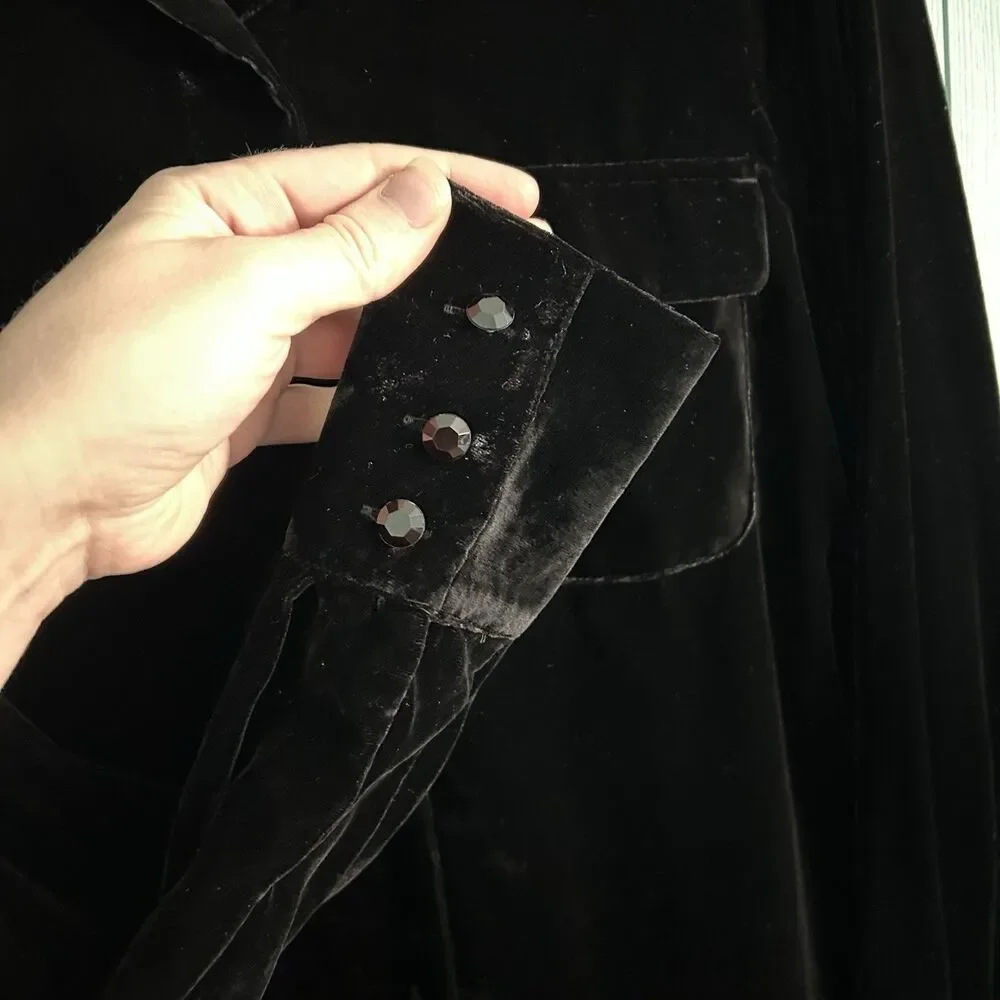 Vtg Spanner Black Velvet‎ Button Up Blouse 8 Whimsigoth Witchy 90s Y2K Gothic - Picture 5 of 10